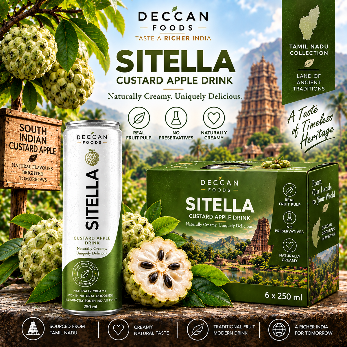 SITELLA Custard Apple Drink can and box - Deccan Foods Tamil Nadu Collection