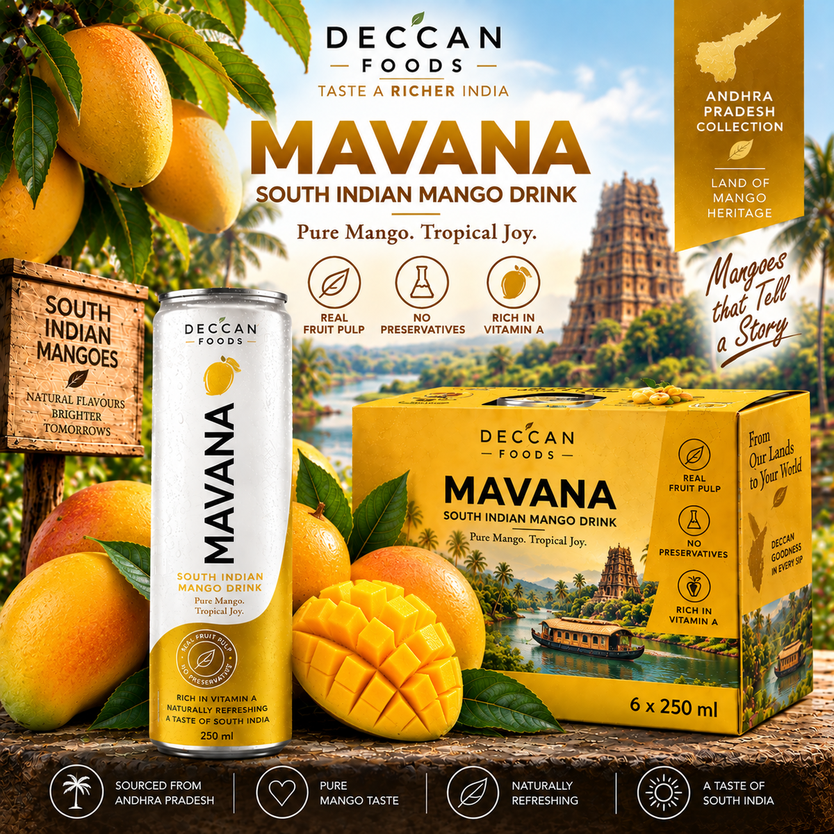 MAVANA South Indian Mango Drink can and box - Deccan Foods Andhra Pradesh Collection
