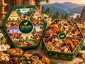 Deccan Dry Fruits hexagonal heritage tin with six regional compartments — Karnataka, Kerala, Andhra, Hyderabad, Tamil Nadu, Deccan Signature