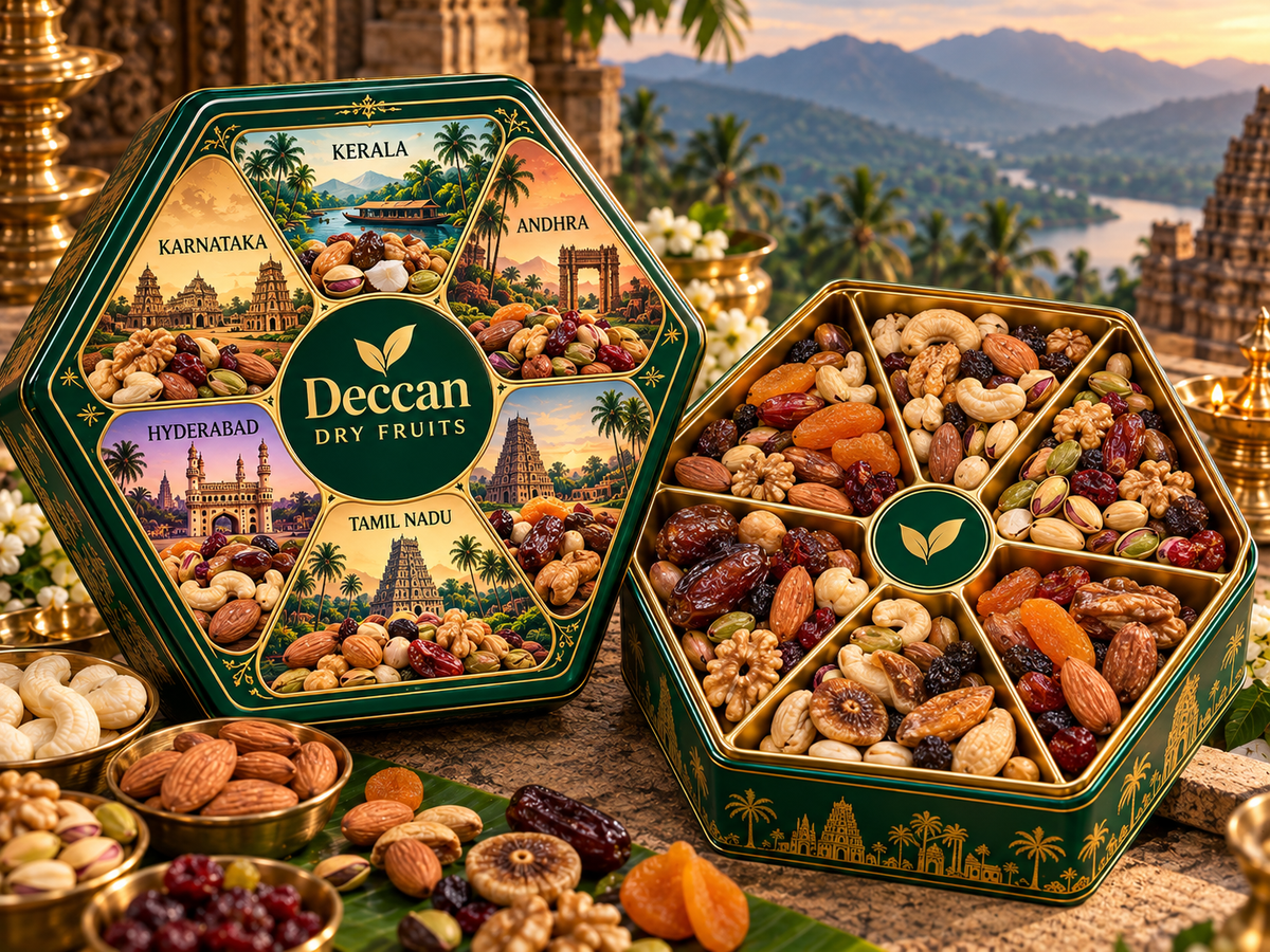 Deccan Dry Fruits hexagonal heritage tin with six regional compartments — Karnataka, Kerala, Andhra, Hyderabad, Tamil Nadu, Deccan Signature