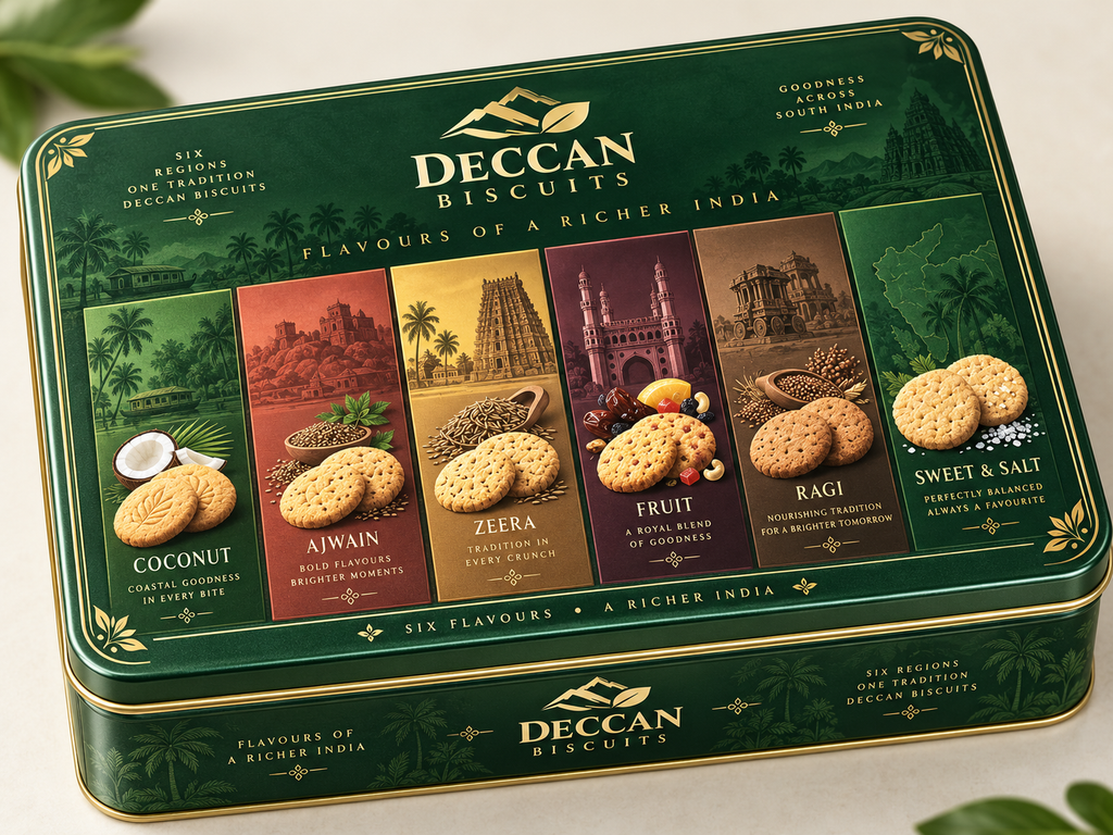 Deccan Biscuits Gift Tin - Side angle premium packaging view