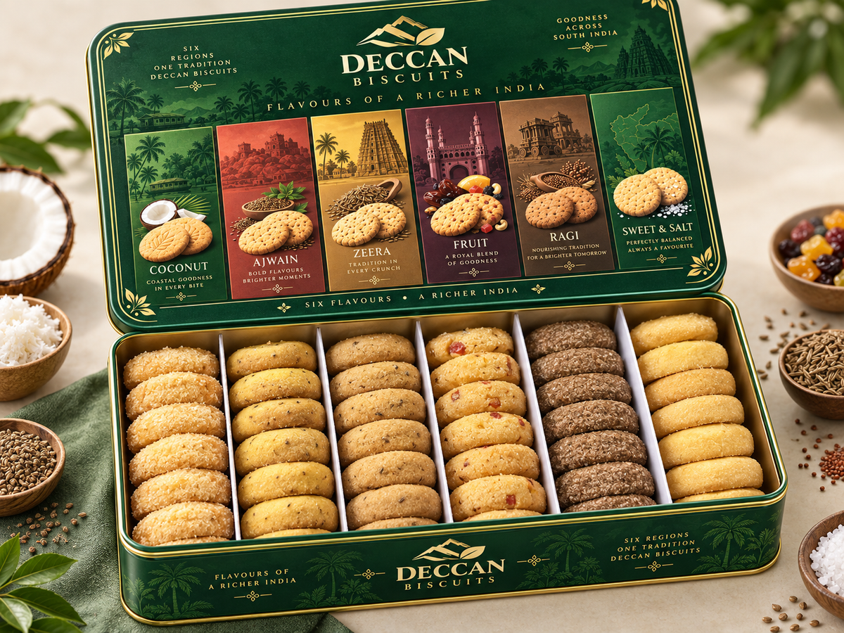 Deccan Biscuits Gift Tin - Inside view showing six flavour compartments