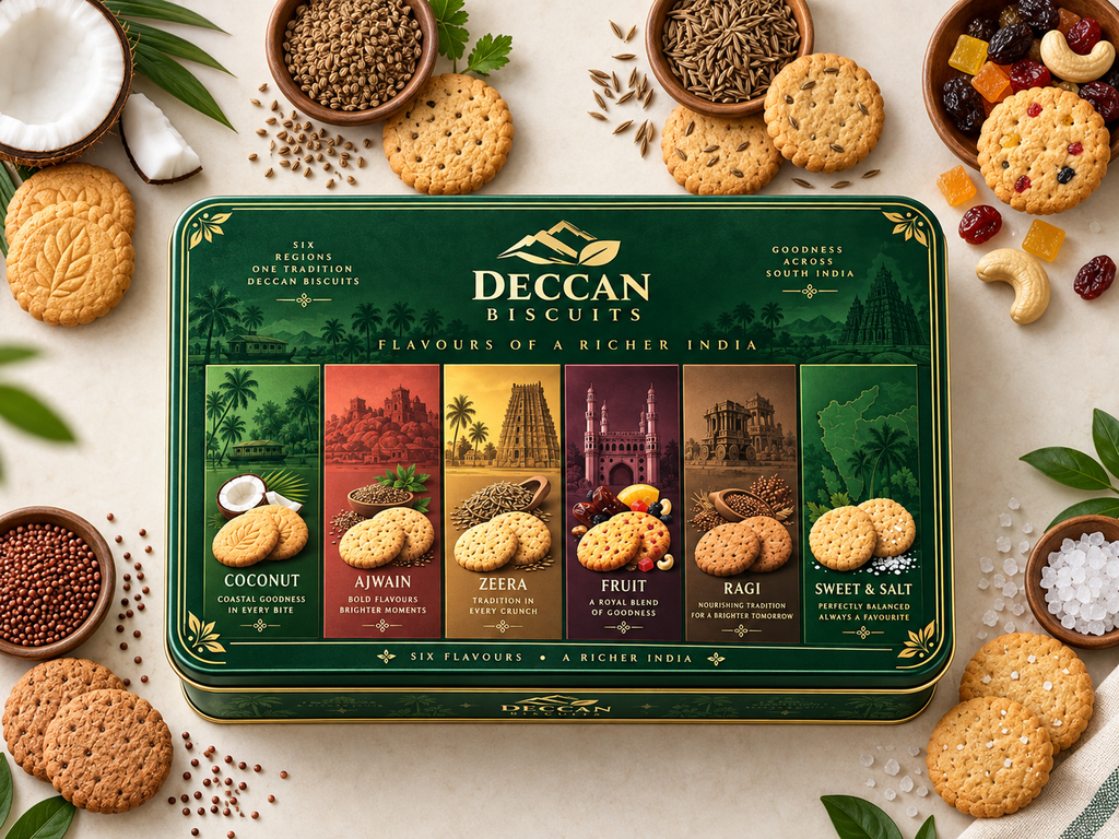Deccan Biscuits Gift Tin - Open tin with biscuits displayed