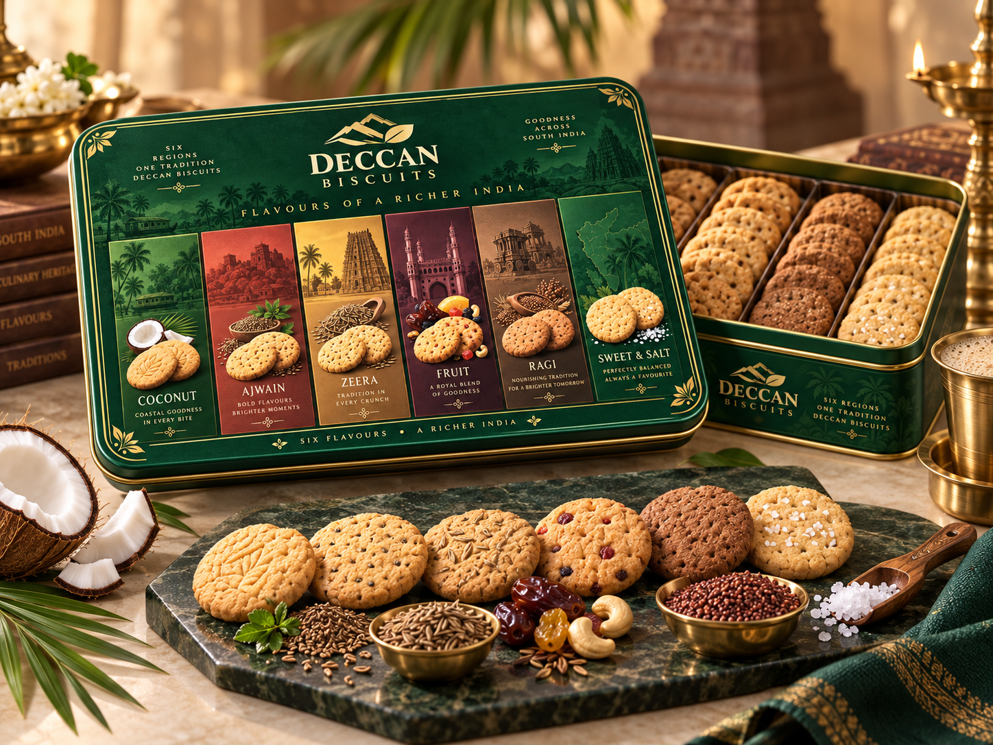 Deccan Biscuits Gift Tin - Top View with all six flavours