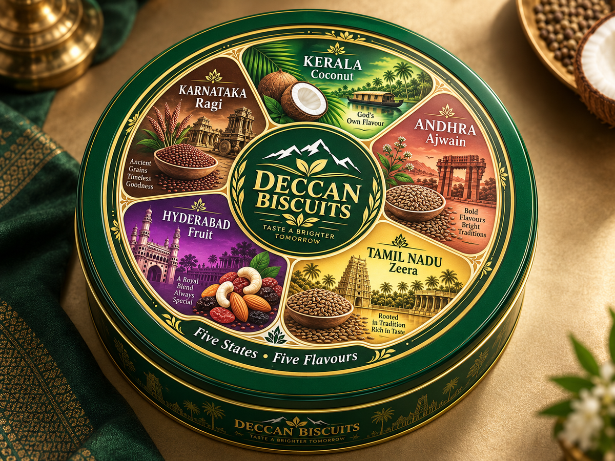Deccan Biscuits Round Tin - Flat lay with ingredients surrounding the tin