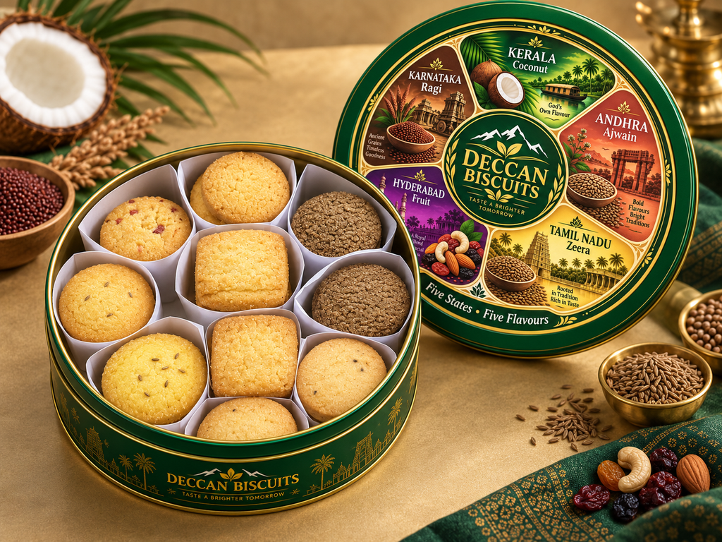 Deccan Biscuits Round Tin - Open inside view with all five flavour biscuits