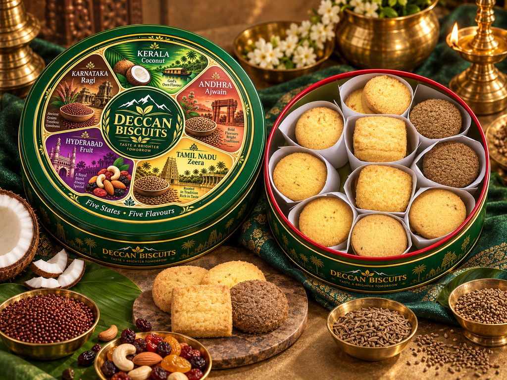 Deccan Biscuits Round Tin - Top lid view showing five state flavours