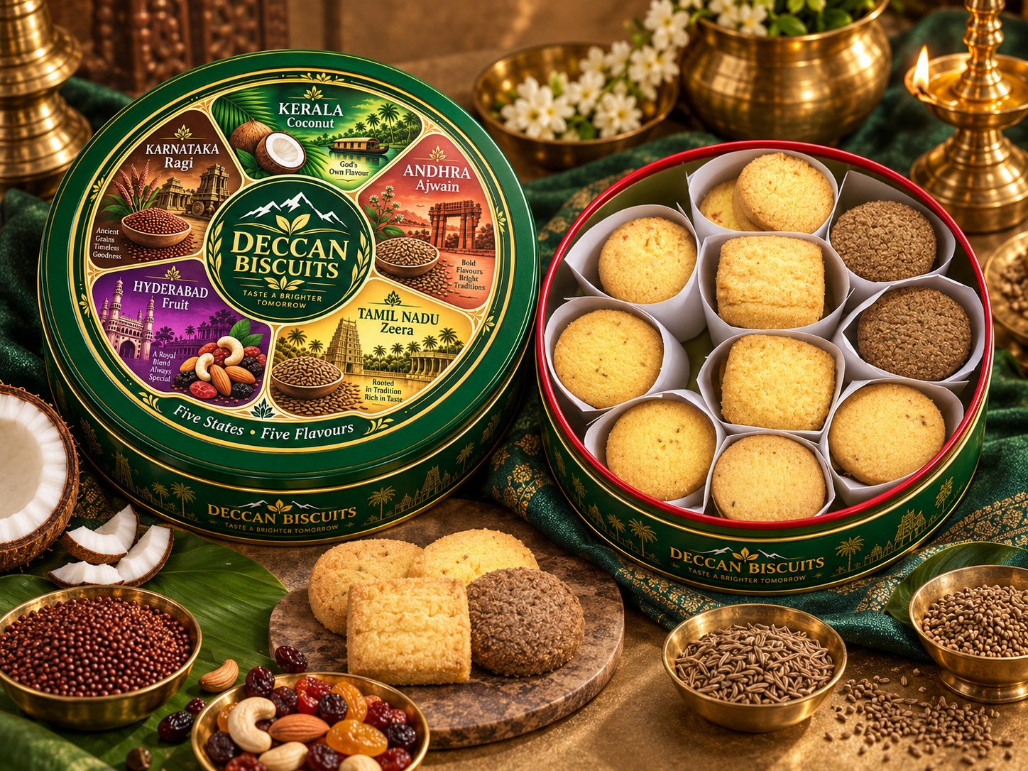 Deccan Biscuits Round Tin - Top lid view showing five state flavours