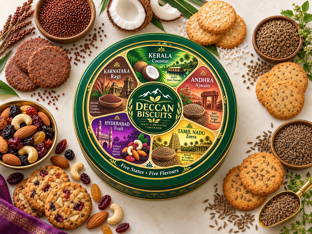 Deccan Biscuits Round Tin - Open with biscuits and lid display