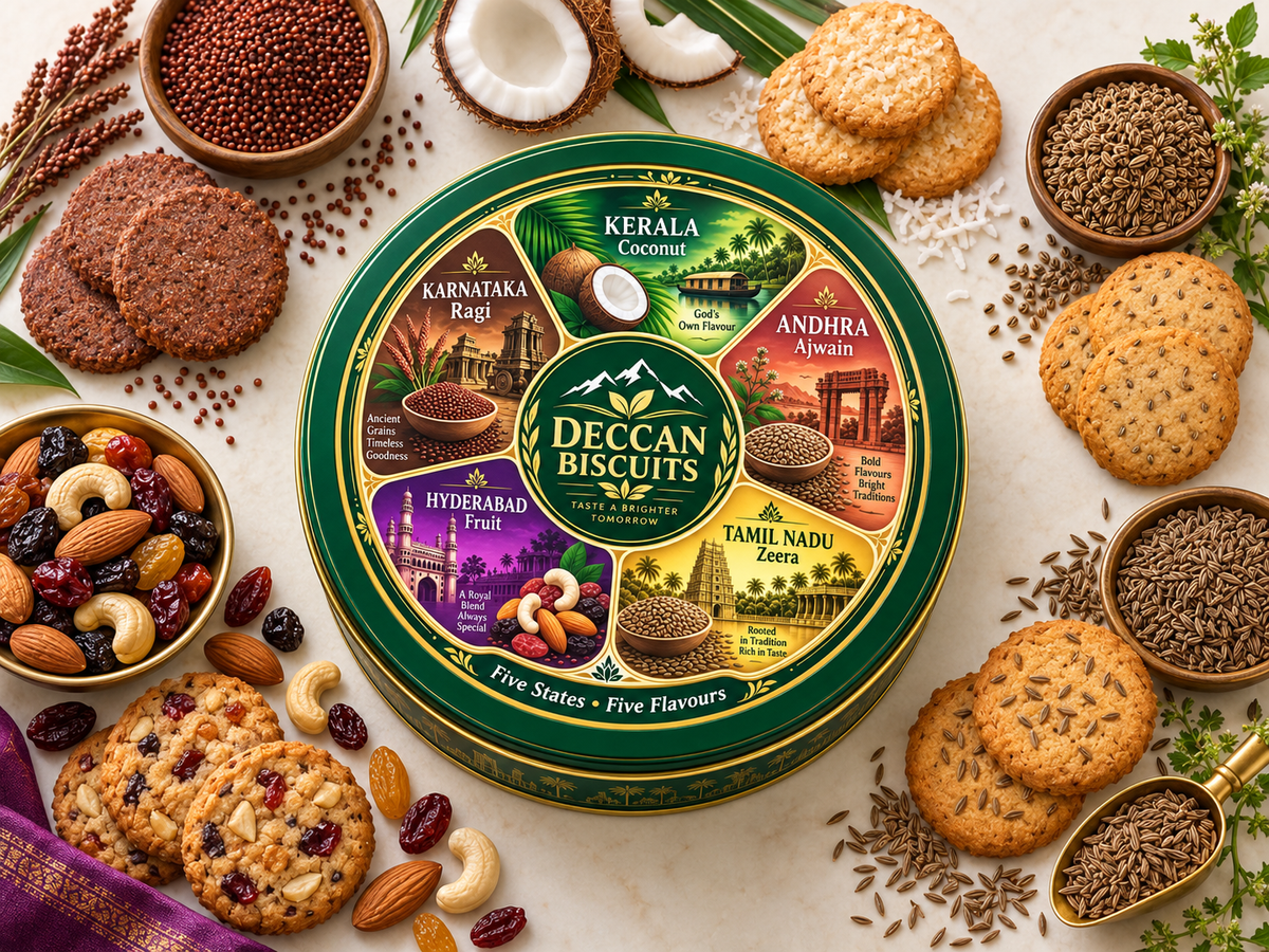 Deccan Biscuits Round Tin - Open with biscuits and lid display