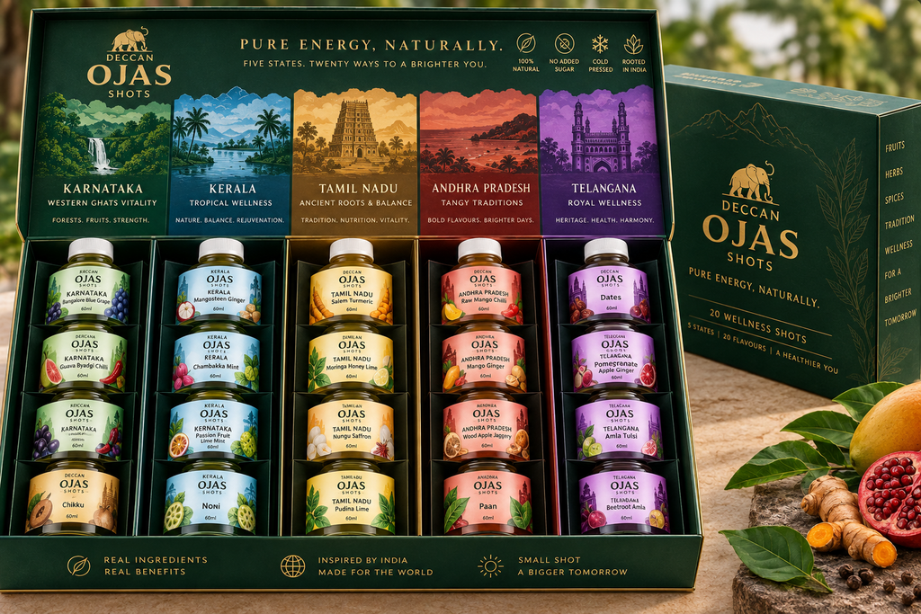 Deccan Ojas Five States Collection — 20 wellness shots open box display