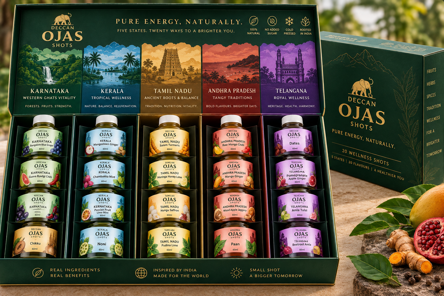 Deccan Ojas Five States Collection — 20 wellness shots open box display
