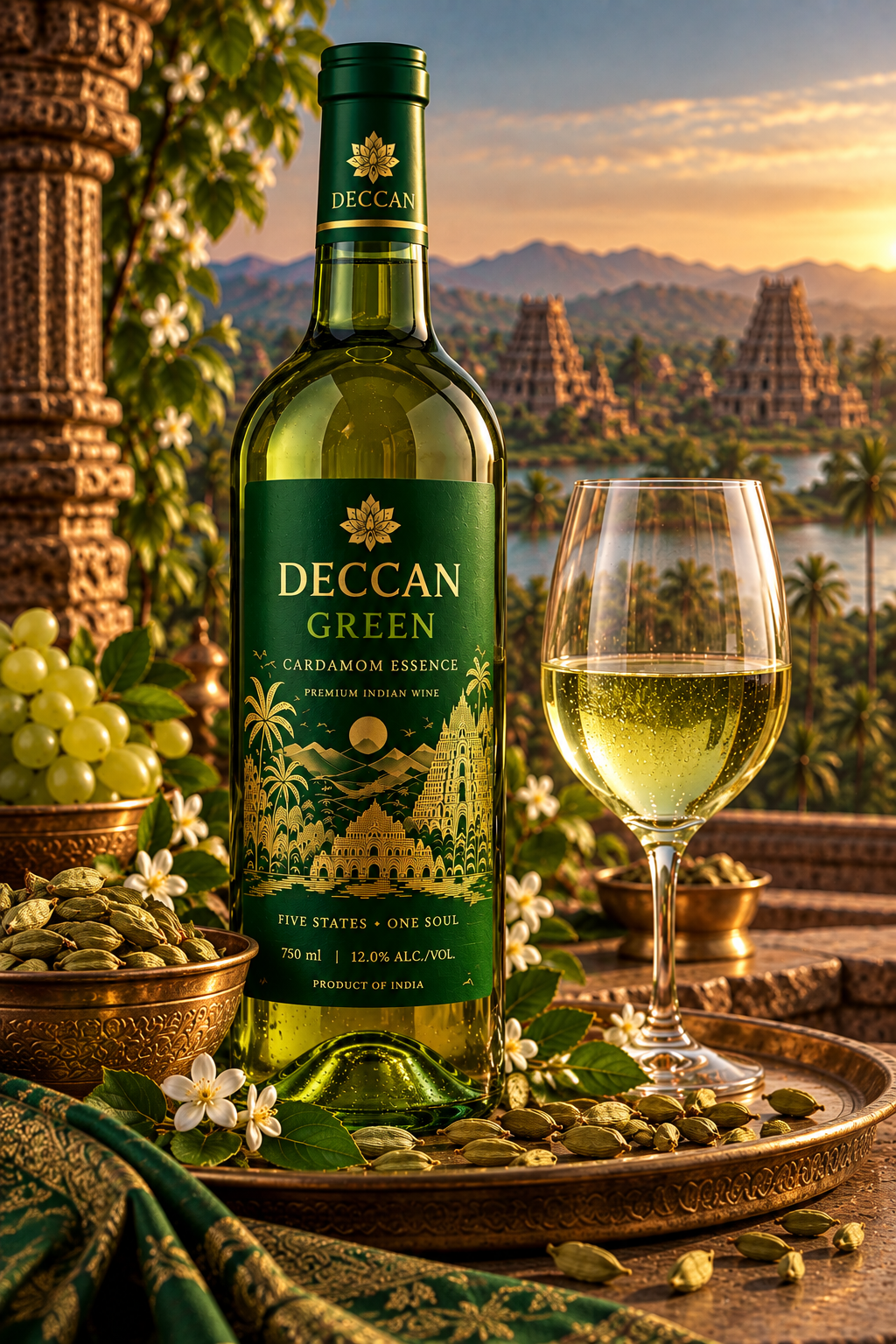 DECCAN GREEN — Cardamom Essence Premium Indian Wine bottle and glass at sunset with South Indian heritage backdrop