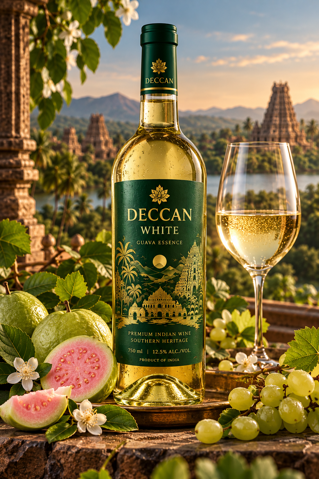 DECCAN WHITE — Guava Essence Premium Indian White Wine bottle and glass with South Indian heritage backdrop