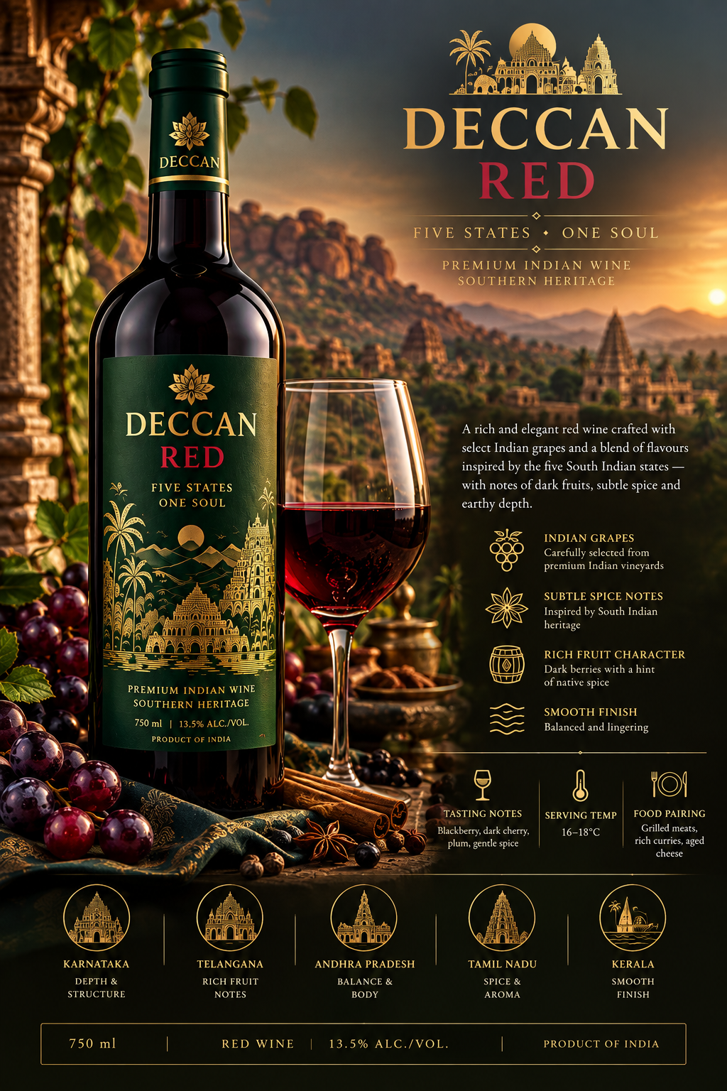DECCAN RED — Five States. One Soul. Premium Indian Red Wine bottle and glass with South Indian heritage backdrop