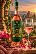 DECCAN ROSÉ — Rose & Spice Essence Premium Indian Rosé Wine bottle and glass at golden hour with South Indian heritage backdrop